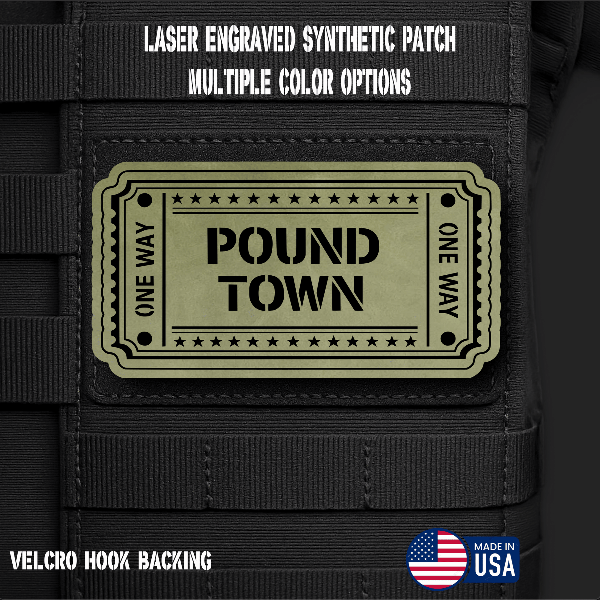 Ticket to Pound Town Funny Morale Patch | Made in USA | VELCRO® Brand Hook Backing - LoneStar Adhesive
