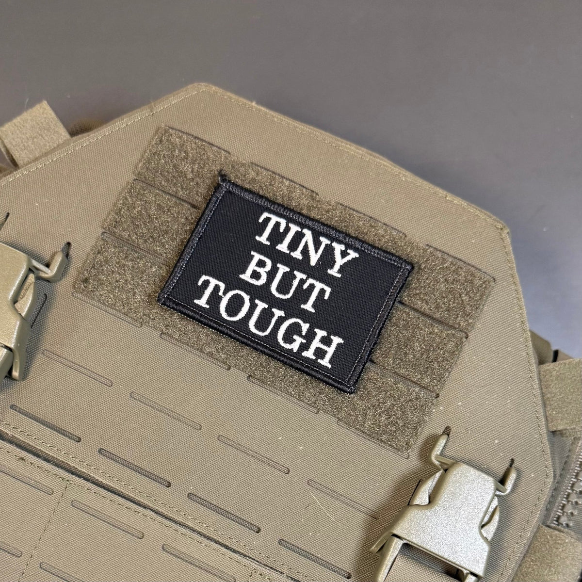 Tiny But Tough Funny Morale Patch, 2x3" | Made in USA | VELCRO® Brand Hook Backing - LoneStar Adhesive