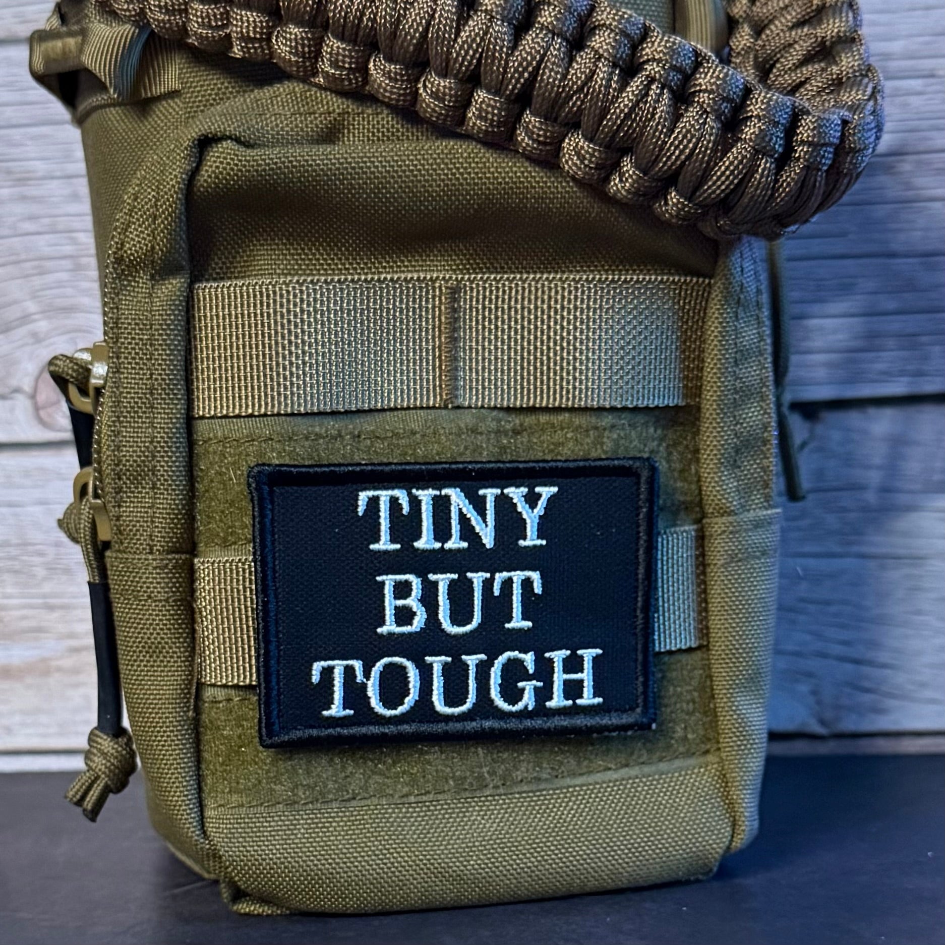 Tiny But Tough Funny Morale Patch, 2x3" | Made in USA | VELCRO® Brand Hook Backing - LoneStar Adhesive