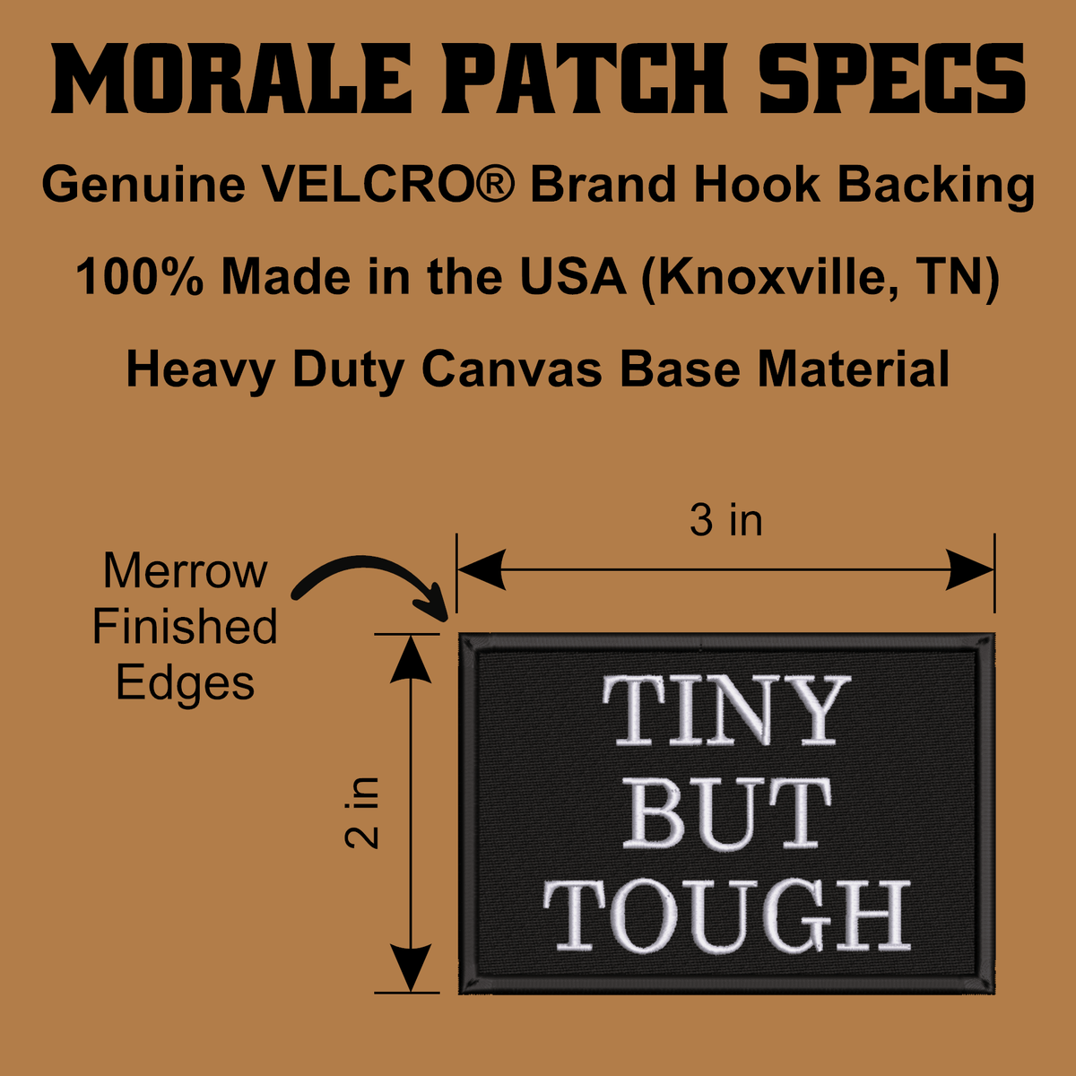 Tiny But Tough Funny Morale Patch, 2x3" | Made in USA | VELCRO® Brand Hook Backing - LoneStar Adhesive