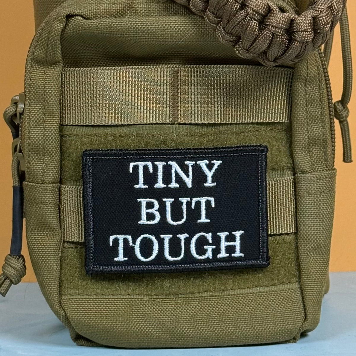 Tiny But Tough Funny Morale Patch, 2x3" | Made in USA | VELCRO® Brand Hook Backing - LoneStar Adhesive