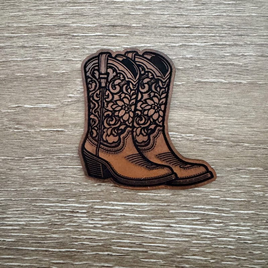 Tooled Floral Cowboy Boots Leather Iron-On Patch - #LoneStar Adhesive#