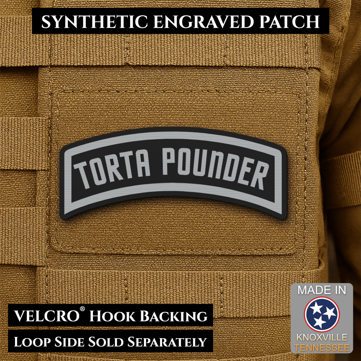Torta Pounder Rocker Tab Funny Morale Patch, 1x2.6" | Made in USA | VELCRO® Brand Hook Backing - LoneStar Adhesive