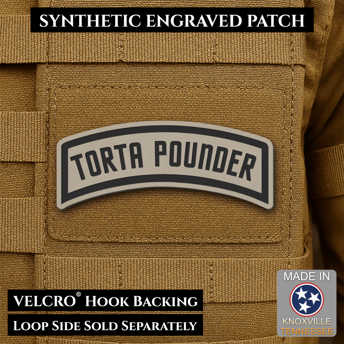 Torta Pounder Rocker Tab Funny Morale Patch, 1x2.6" | Made in USA | VELCRO® Brand Hook Backing - LoneStar Adhesive
