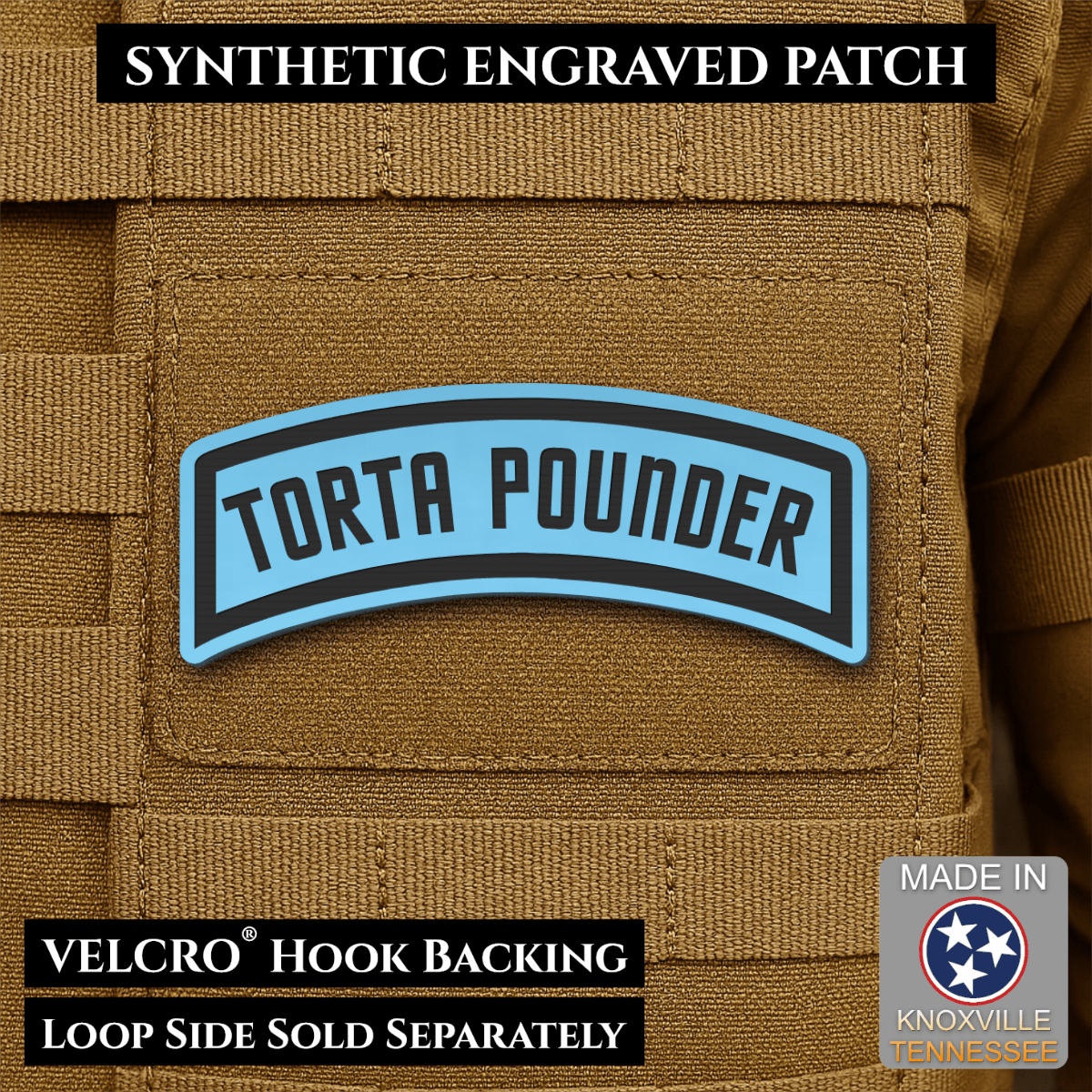 Torta Pounder Rocker Tab Funny Morale Patch, 1x2.6" | Made in USA | VELCRO® Brand Hook Backing - LoneStar Adhesive