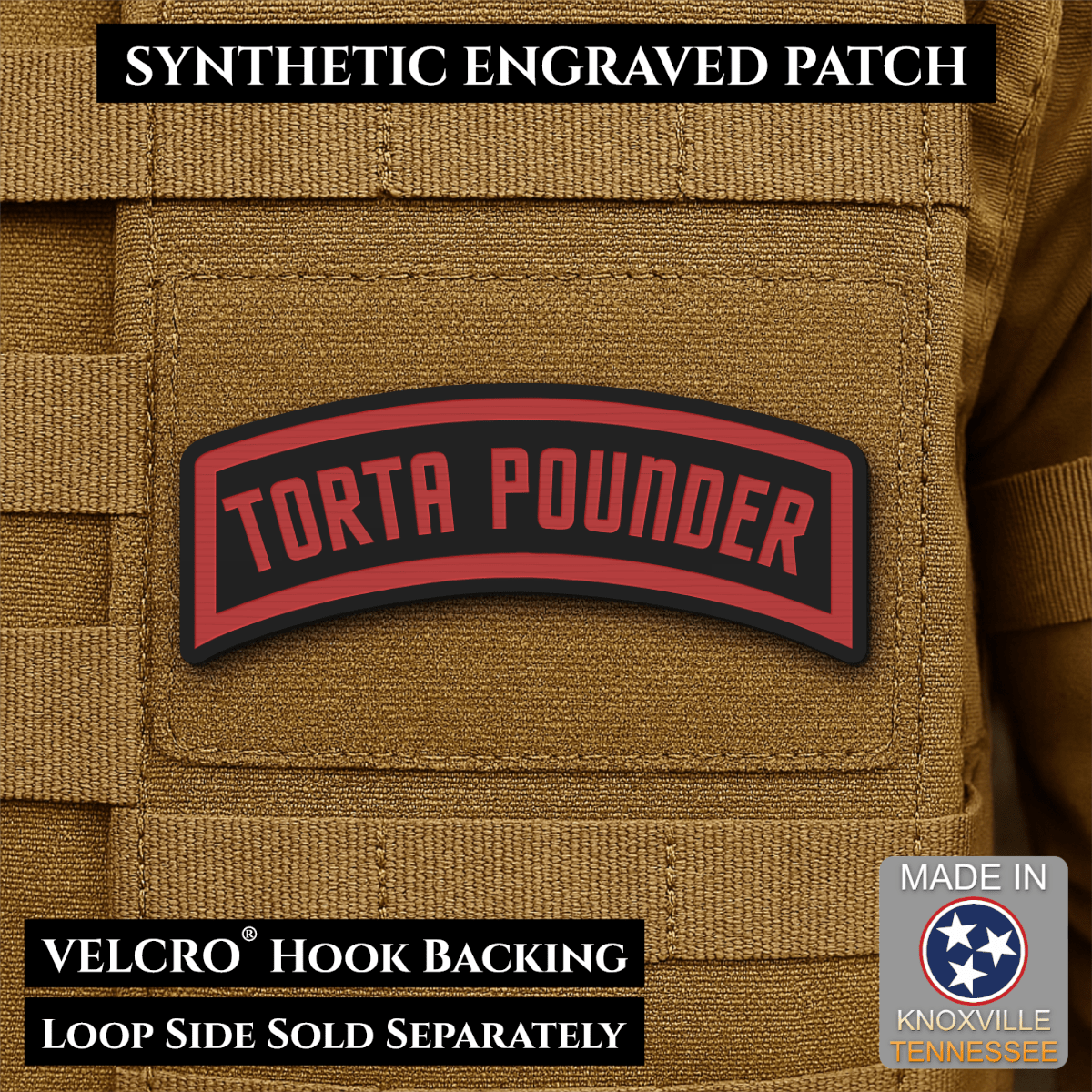 Torta Pounder Rocker Tab Funny Morale Patch, 1x2.6" | Made in USA | VELCRO® Brand Hook Backing - LoneStar Adhesive