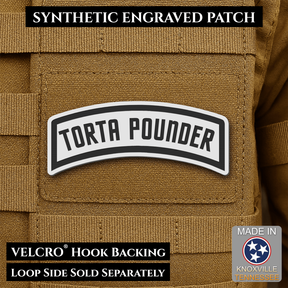 Torta Pounder Rocker Tab Funny Morale Patch, 1x2.6" | Made in USA | VELCRO® Brand Hook Backing - LoneStar Adhesive