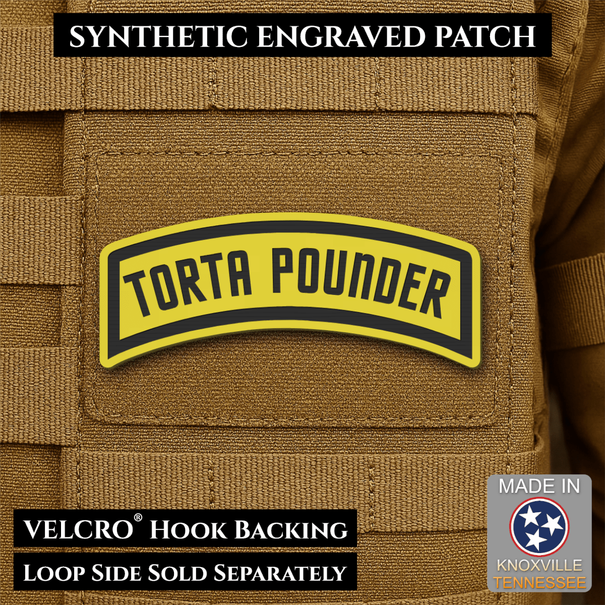 Torta Pounder Rocker Tab Funny Morale Patch, 1x2.6" | Made in USA | VELCRO® Brand Hook Backing - LoneStar Adhesive
