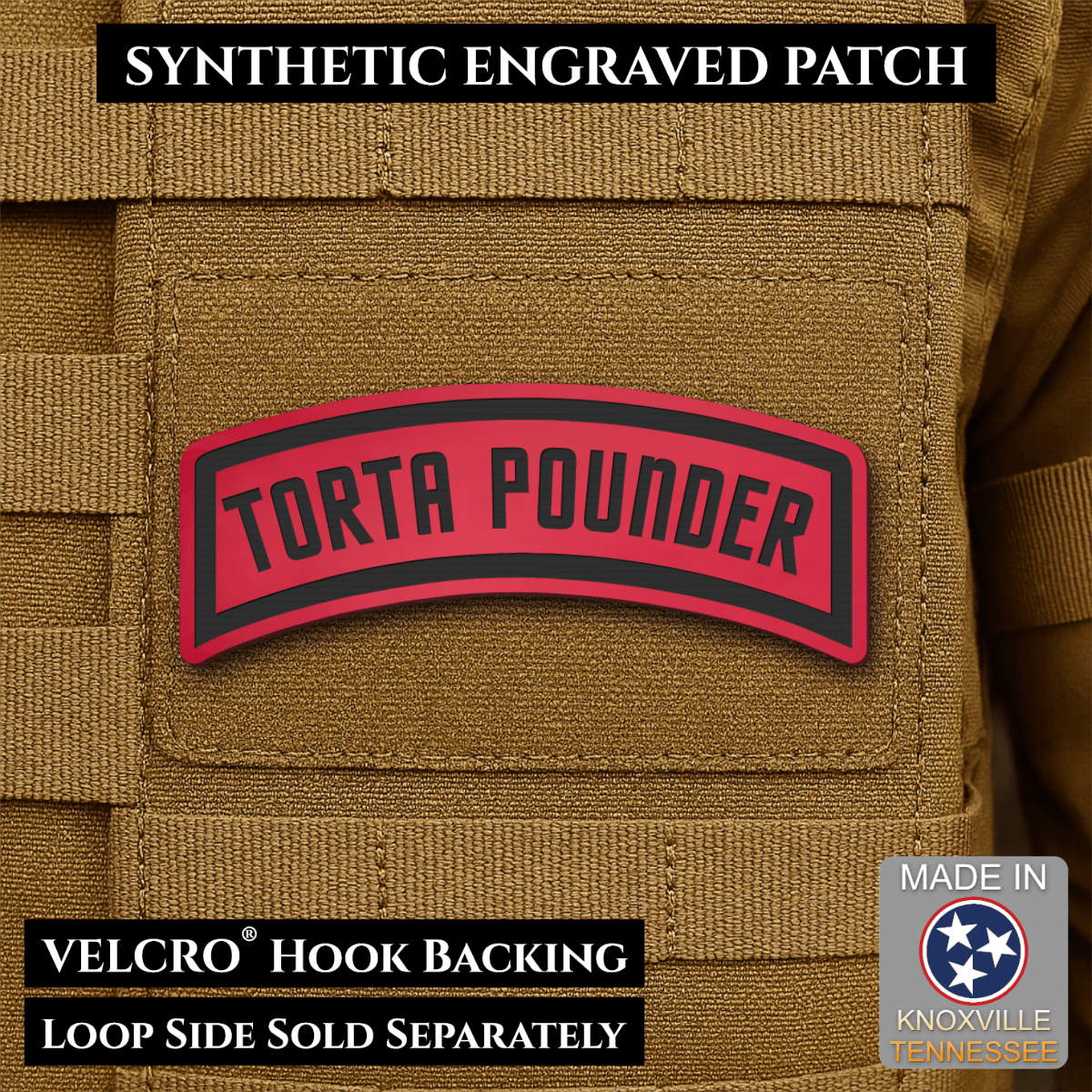 Torta Pounder Rocker Tab Funny Morale Patch, 1x2.6" | Made in USA | VELCRO® Brand Hook Backing - LoneStar Adhesive