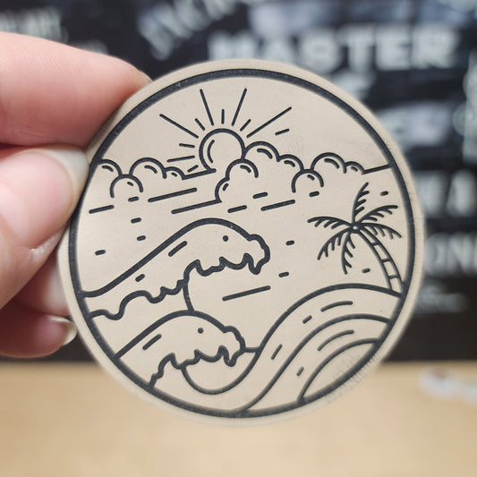 Tropical Waves and Sunrise (Cream Sand) Engraved Leatherette Hat Patch - MR01 - LoneStar Adhesive