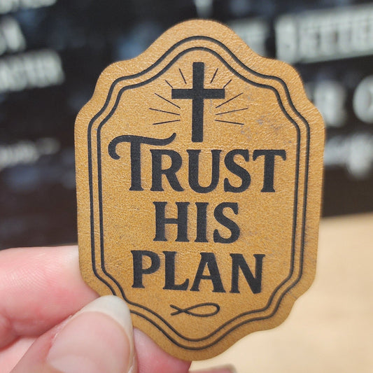 Trust His Plan Cross (Saddle Tan) Engraved Leatherette Hat Patch - MR01 - LoneStar Adhesive