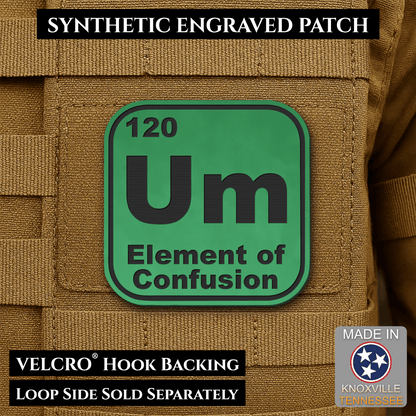 Front design and hook backing of Um, The Element of Confusion patch in green