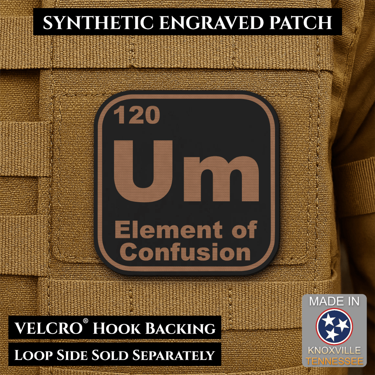 Front design and hook backing of Um, The Element of Confusion patch in black / copper