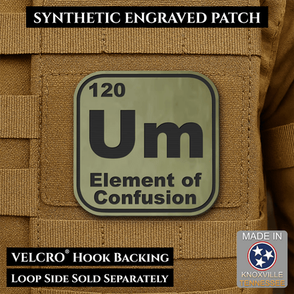 Front design and hook backing of Um, The Element of Confusion patch in olive green
