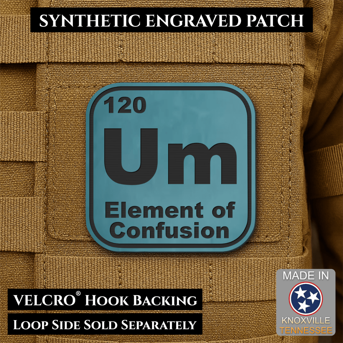 Front design and hook backing of Um, The Element of Confusion patch in topaz blue