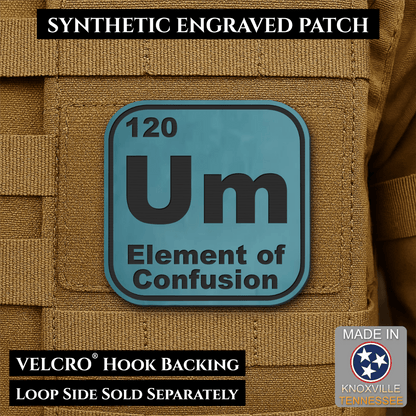 Front design and hook backing of Um, The Element of Confusion patch in topaz blue