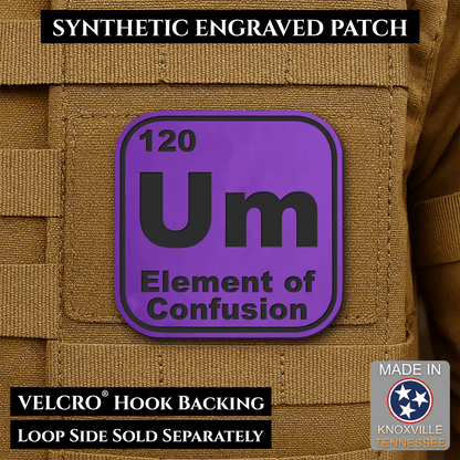 Front design and hook backing of Um, The Element of Confusion patch in purple
