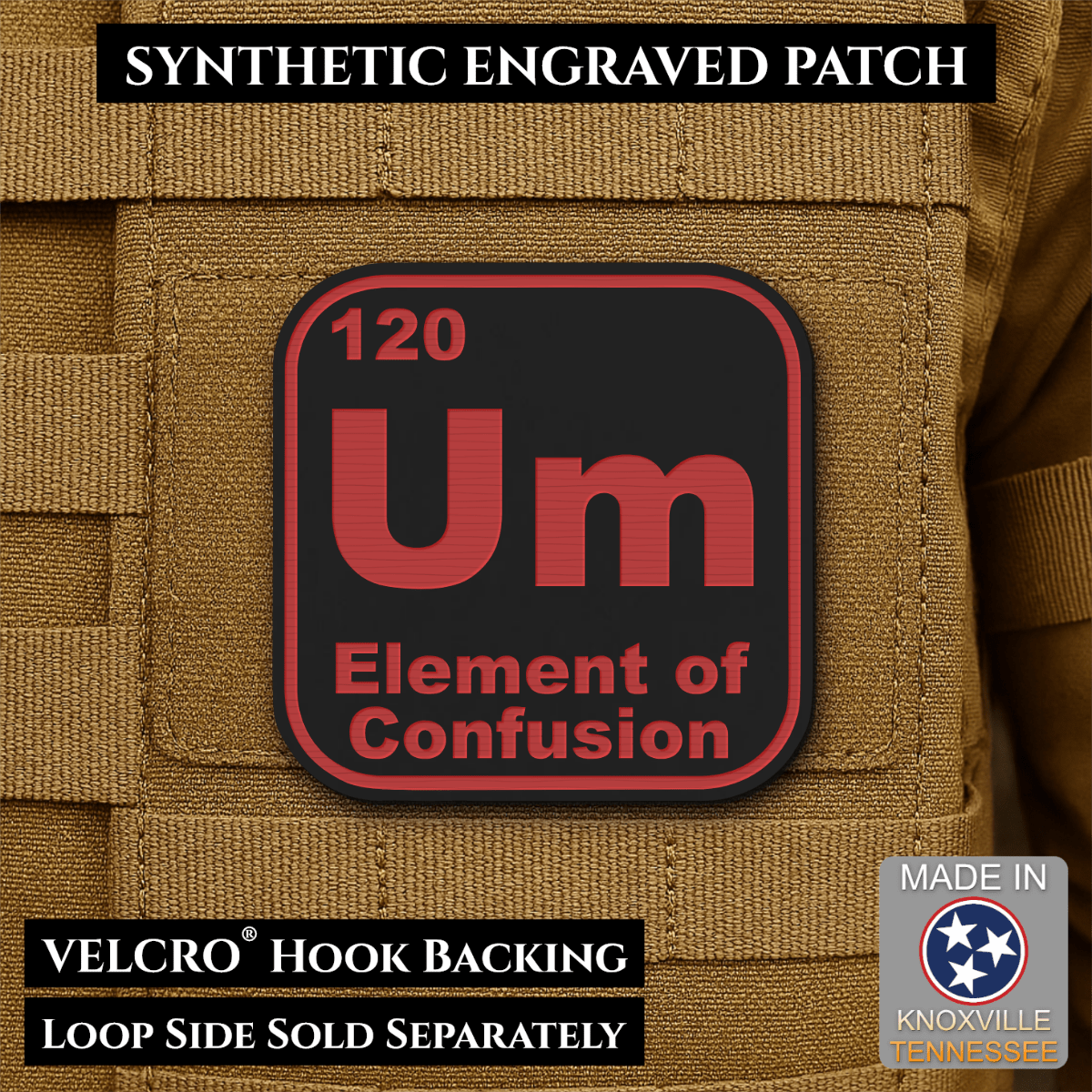 Front design and hook backing of Um, The Element of Confusion patch in black / red