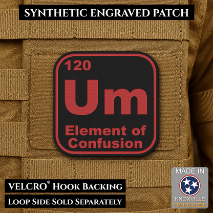 Front design and hook backing of Um, The Element of Confusion patch in black / red