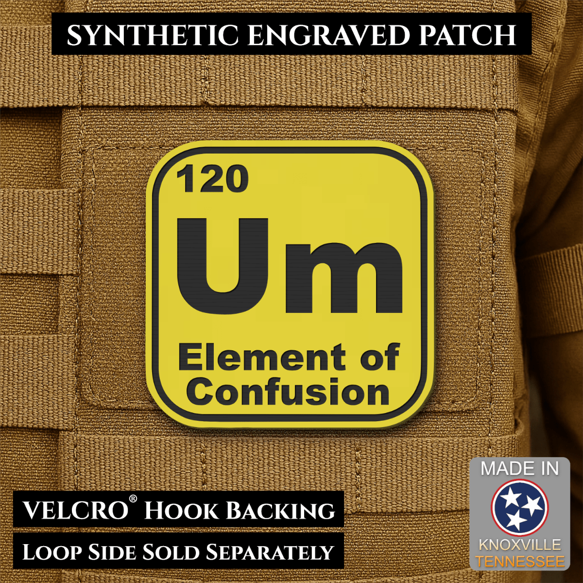 Front design and hook backing of Um, The Element of Confusion patch in yellow
