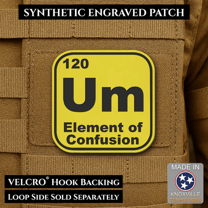 Front design and hook backing of Um, The Element of Confusion patch in yellow