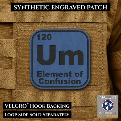 Front design and hook backing of Um, The Element of Confusion patch in indigo blue