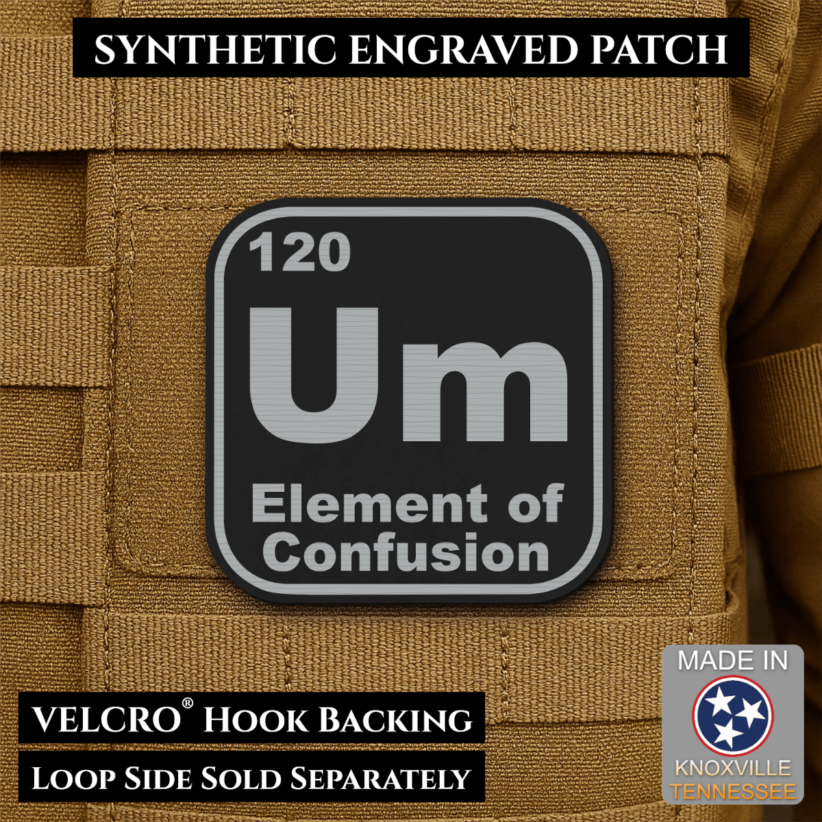 Front design and hook backing of Um, The Element of Confusion patch in black / silver