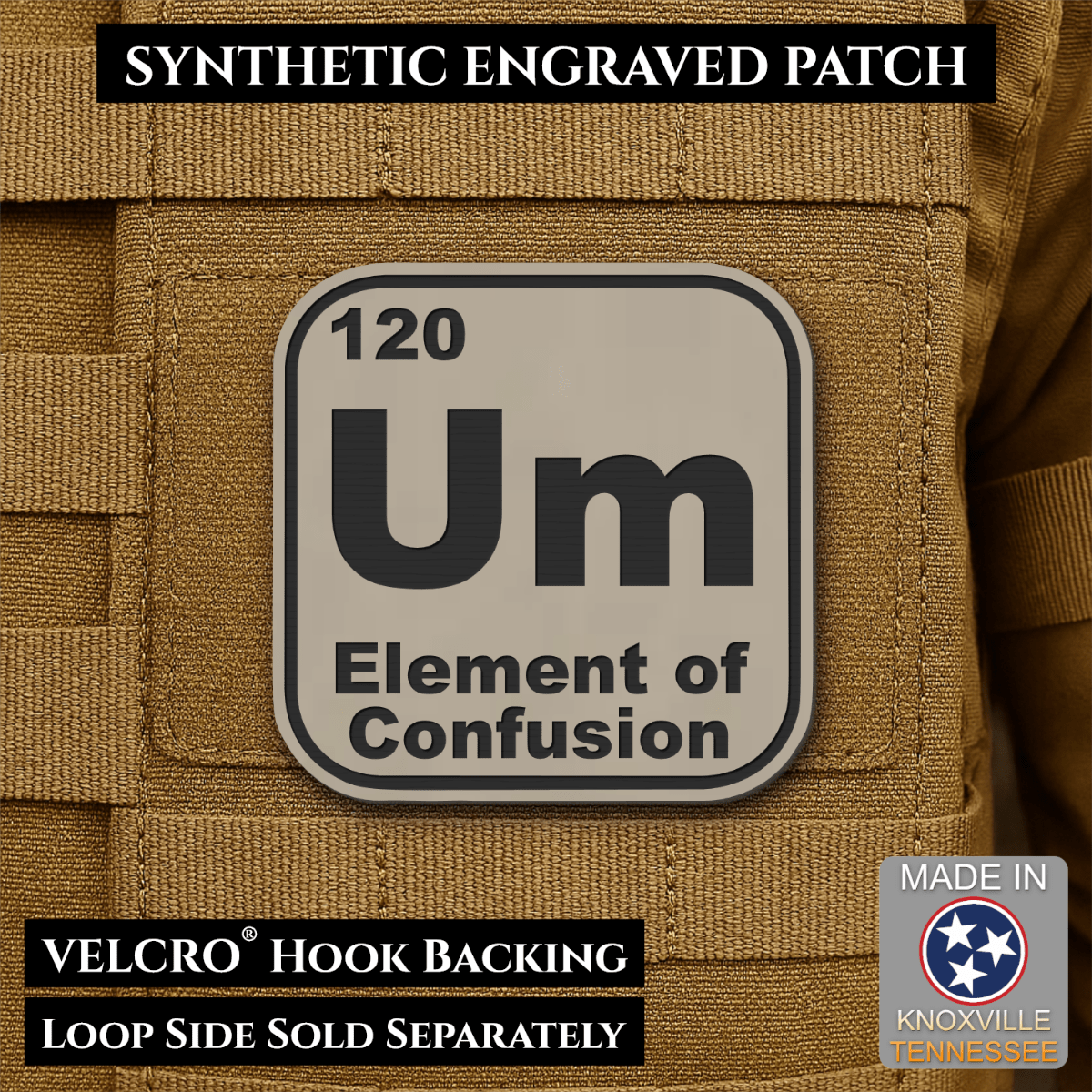 Front design and hook backing of Um, The Element of Confusion patch in sand (light tan)