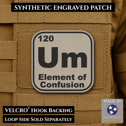 Front design and hook backing of Um, The Element of Confusion patch in sand (light tan)
