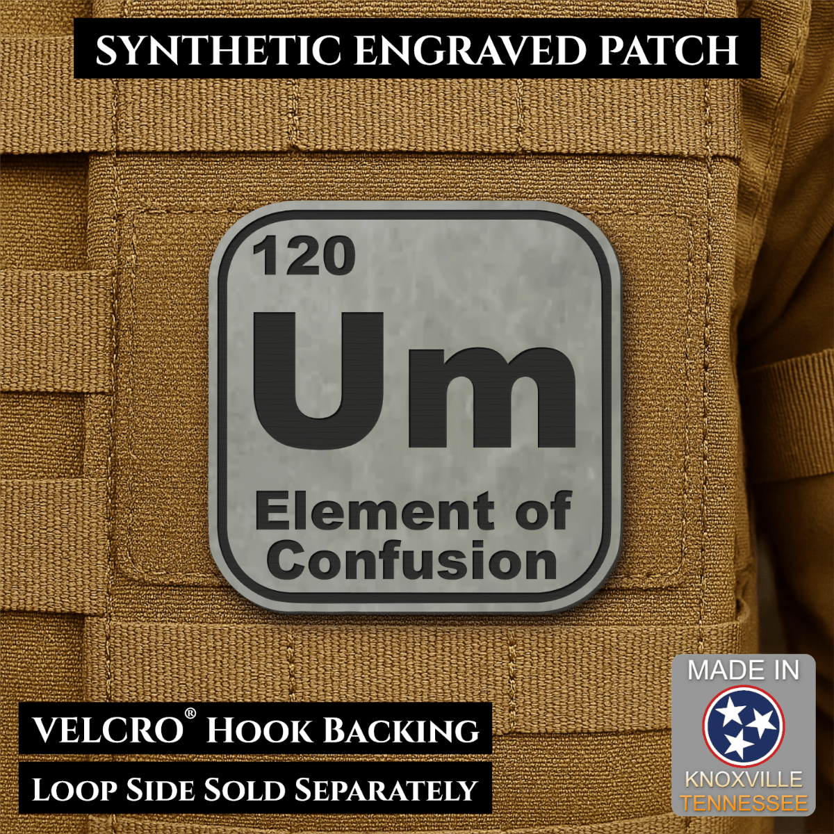 Front design and hook backing of Um, The Element of Confusion patch in flint gray