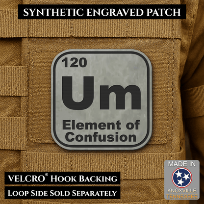 Front design and hook backing of Um, The Element of Confusion patch in flint gray