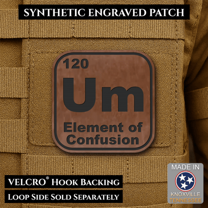 Front design and hook backing of Um, The Element of Confusion patch in walnut faux leather