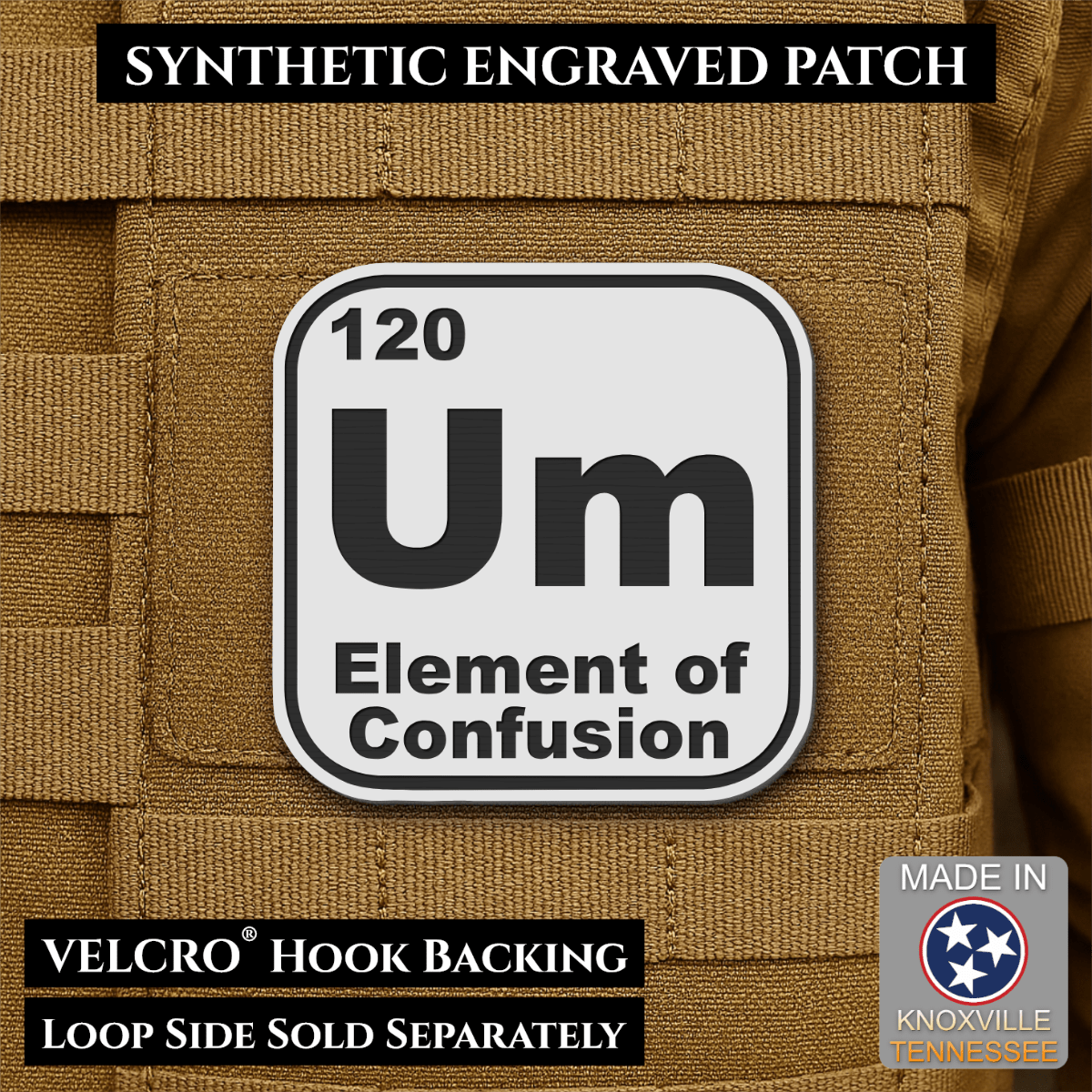 Front design and hook backing of Um, The Element of Confusion patch in white