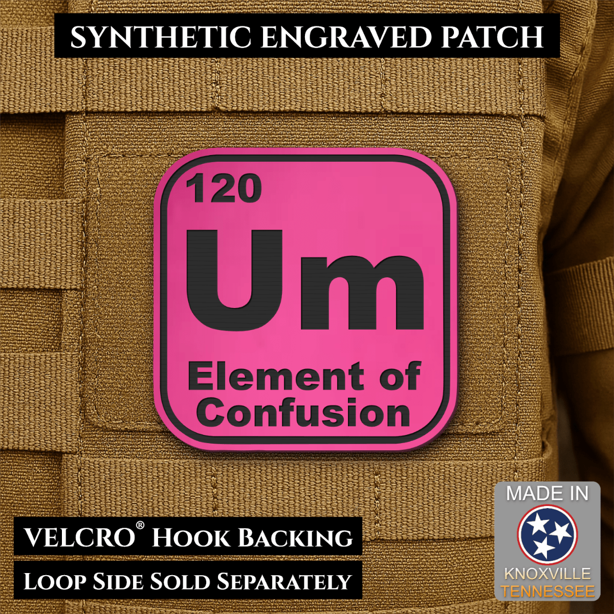 Front design and hook backing of Um, The Element of Confusion patch in pink