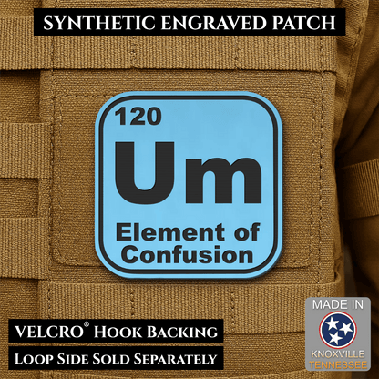 Front design and hook backing of Um, The Element of Confusion patch in sky blue