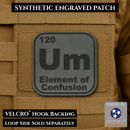 Front design and hook backing of Um, The Element of Confusion patch in charcoal gray