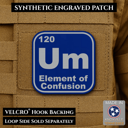 Front design and hook backing of Um, The Element of Confusion patch in blue / silver