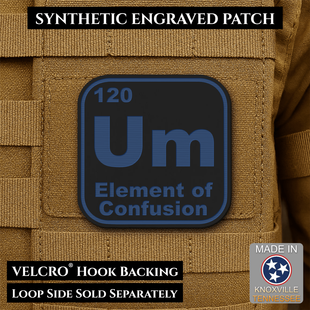 Front design and hook backing of Um, The Element of Confusion patch in black / blue