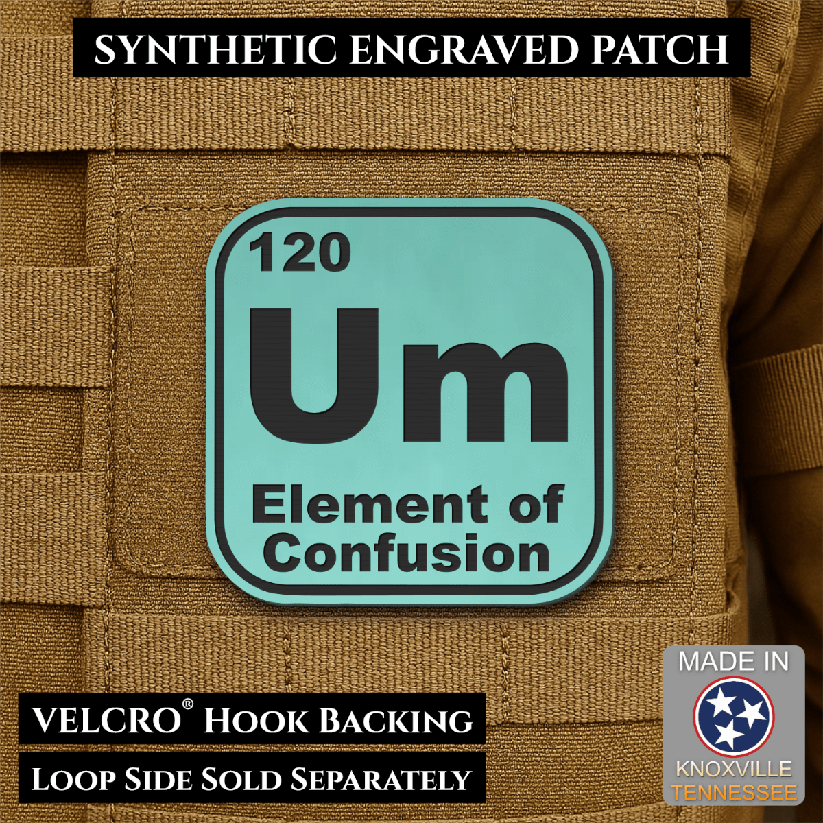 Front design and hook backing of Um, The Element of Confusion patch in seafoam