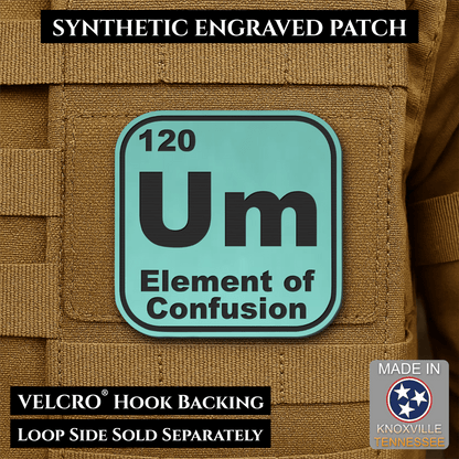 Front design and hook backing of Um, The Element of Confusion patch in seafoam