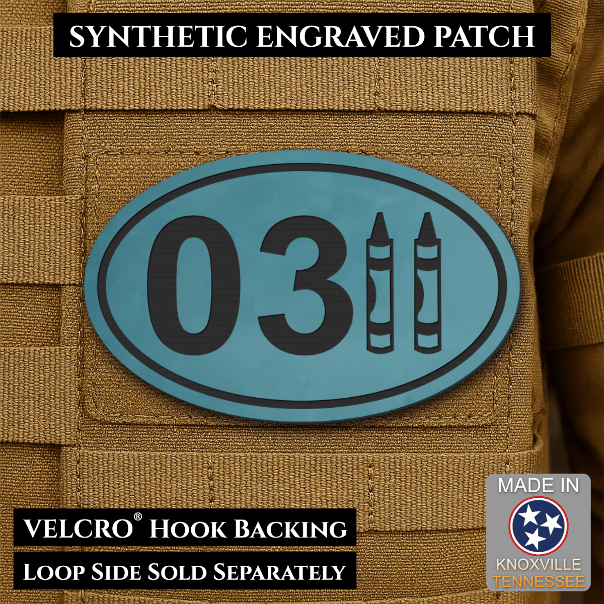 Front design and hook backing of USMC 0311 Marine Infantry Crayon patch in topaz blue