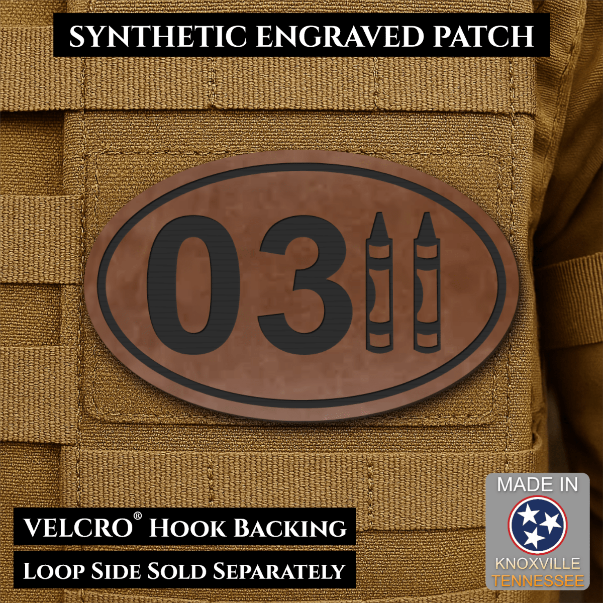 Front design and hook backing of USMC 0311 Marine Infantry Crayon patch in walnut faux leather