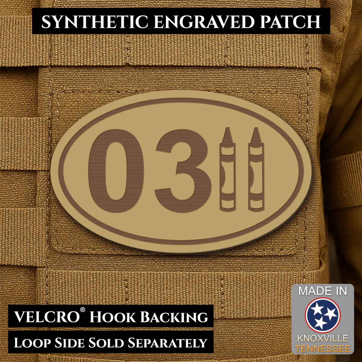 Front design and hook backing of USMC 0311 Marine Infantry Crayon patch in desert tan / brown