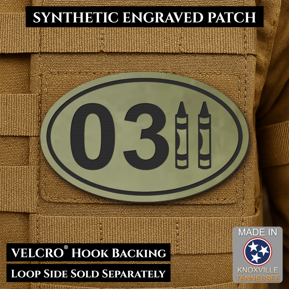 Front design and hook backing of USMC 0311 Marine Infantry Crayon patch in olive green