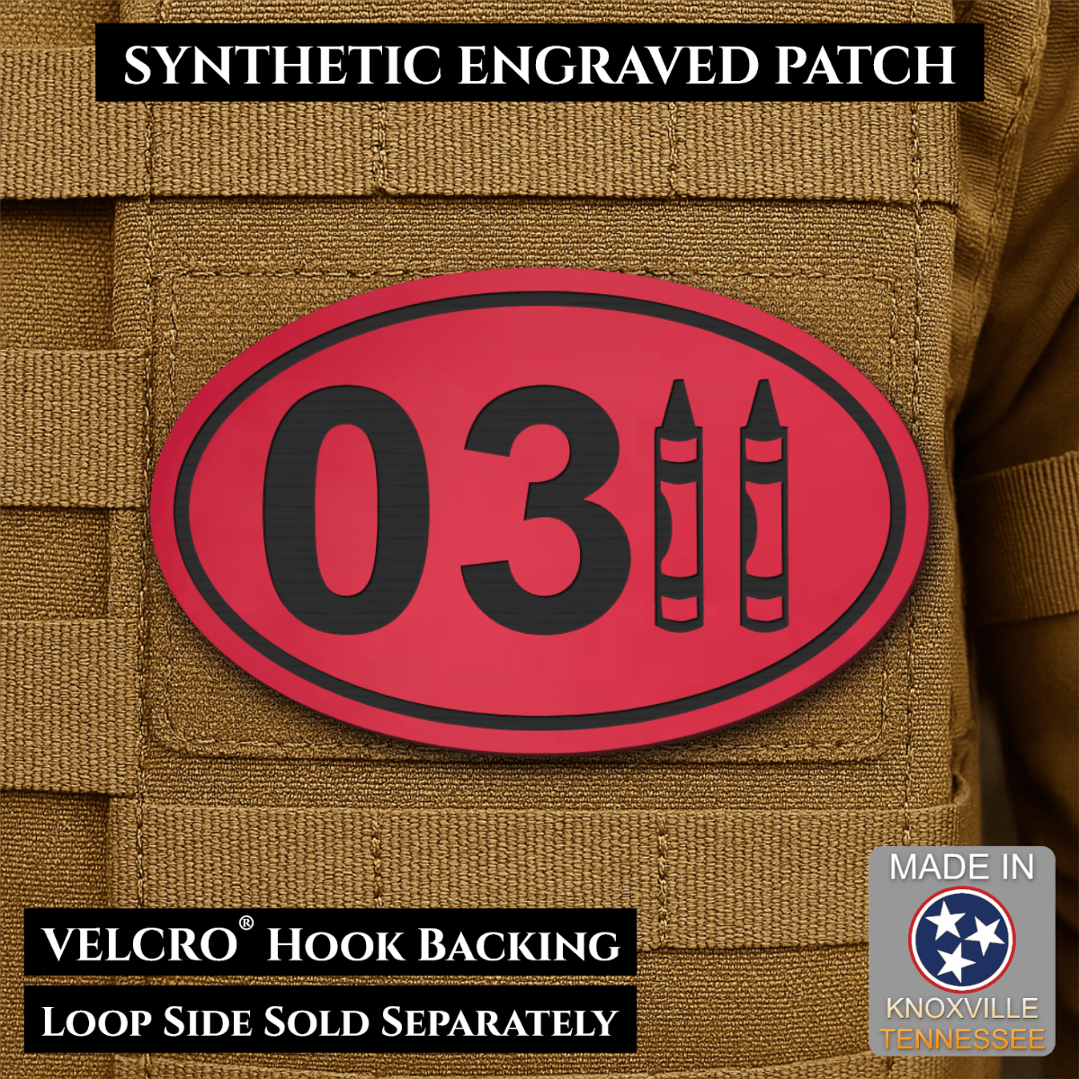 Front design and hook backing of USMC 0311 Marine Infantry Crayon patch in red