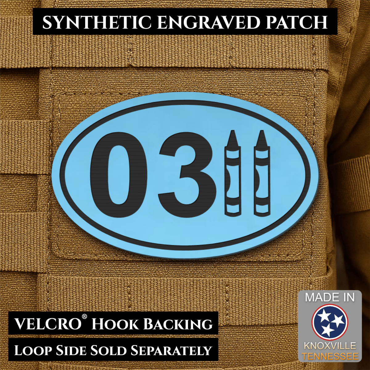 Front design and hook backing of USMC 0311 Marine Infantry Crayon patch in sky blue