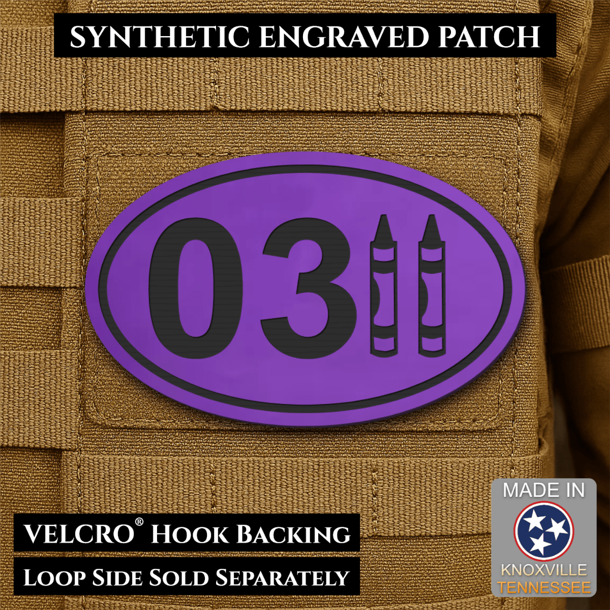 Front design and hook backing of USMC 0311 Marine Infantry Crayon patch in purple