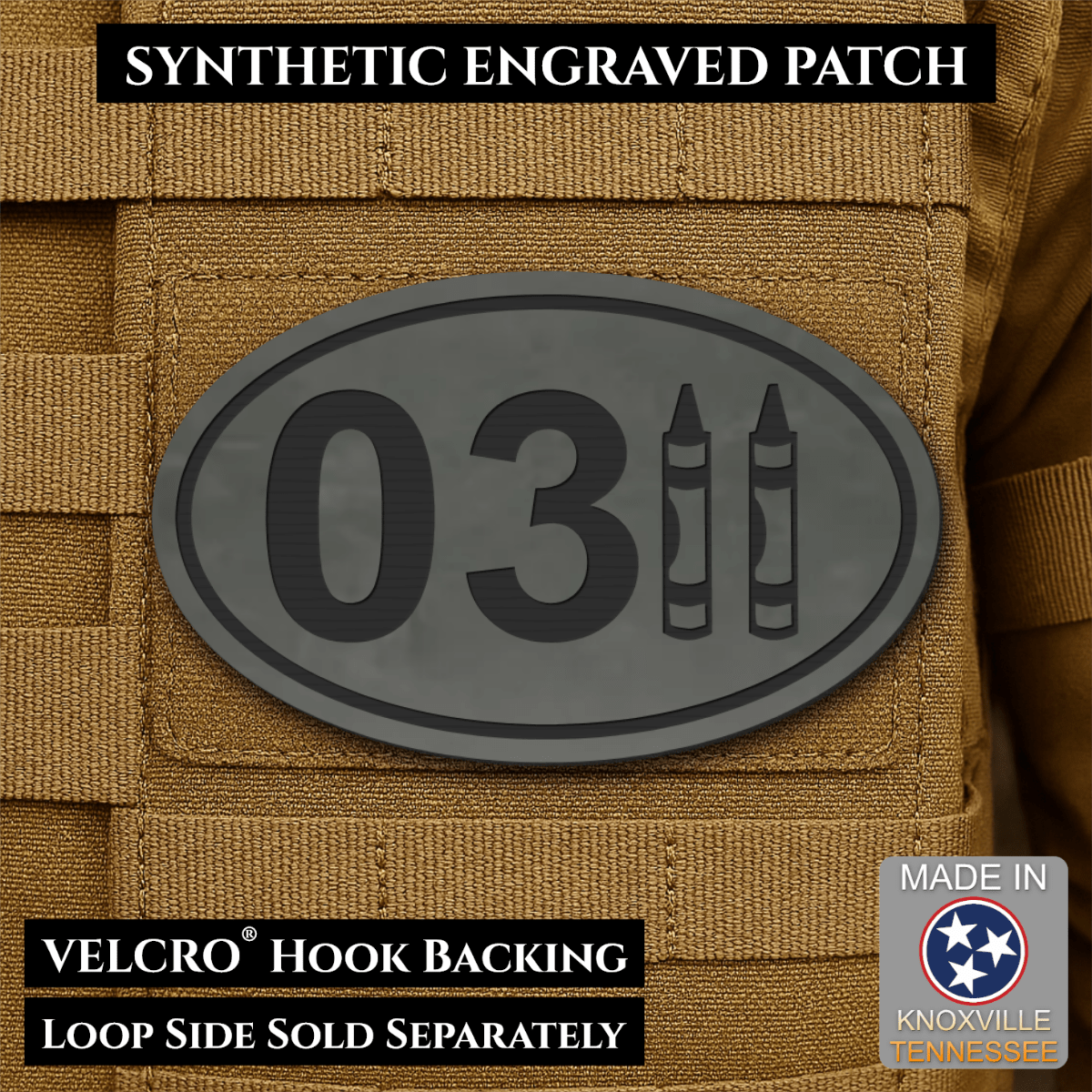 Front design and hook backing of USMC 0311 Marine Infantry Crayon patch in charcoal gray