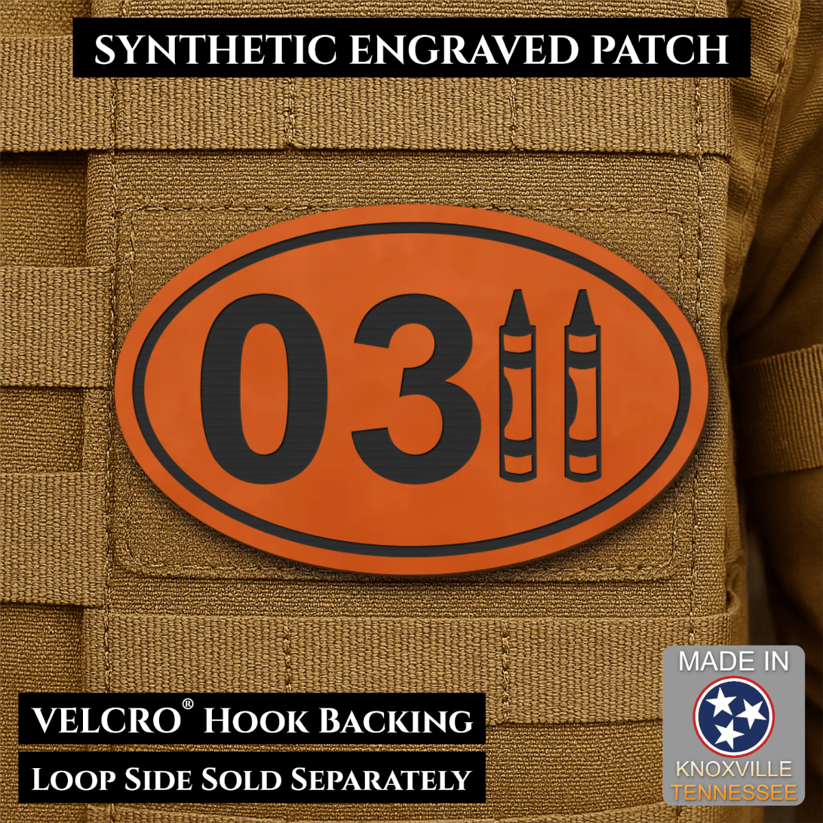 Front design and hook backing of USMC 0311 Marine Infantry Crayon patch in orange