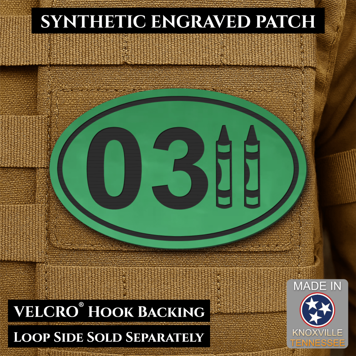 Front design and hook backing of USMC 0311 Marine Infantry Crayon patch in green